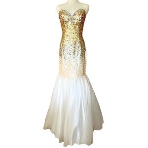 Gold White Formal Evening Gown Women 6 Mermaid Sequin Sweetheart Prom Cocktail